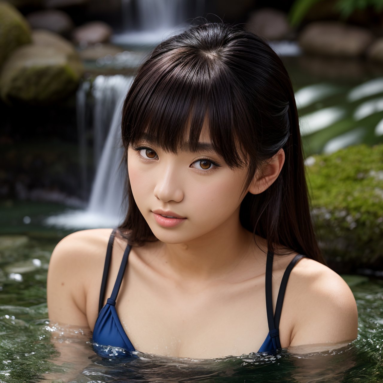 (masterpiece:1.3), best quality, looking at viewer, close up of seductive (AIDA_LoRA_rei2009:1.15) <lora:AIDA_LoRA_rei2009:0.71> in a swimsuit in a Japanese garden with a waterfall behing her, water, wet, little asian girl, pretty face, seductive, cinematic, dramatic, hyper realistic, studio photo, studio photo, kkw-ph1, hdr, f1.8 , getty images, (colorful:1.1)