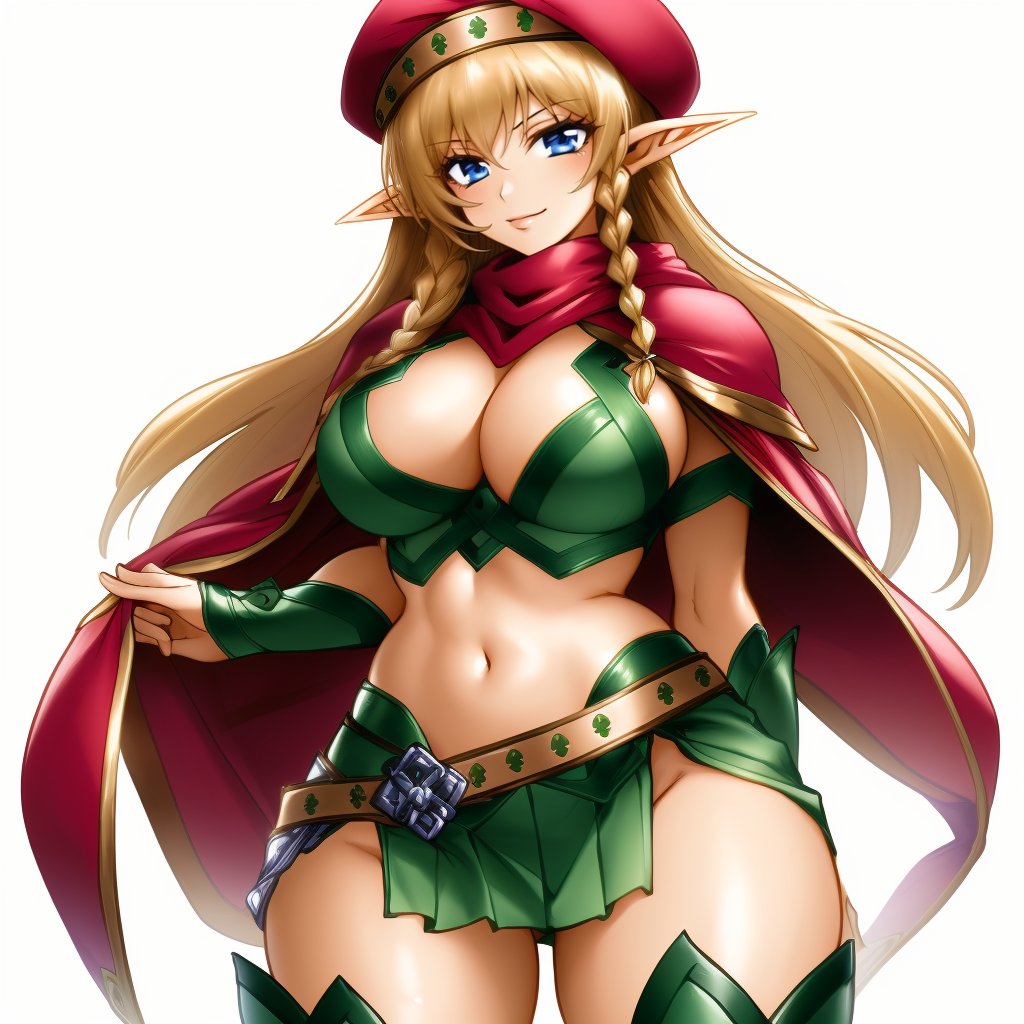 (masterpiece, best quality:1.3), TheGoldenSmurf, 1girl, solo, looking at viewer, wide hips, mature female, closed mouth, seductive smile, large breasts, cowboy shot, thick thighs,  <lora:TheGoldenSmurf Style Lora:.9>, alleyne, elf, side braid, beret, cape, skirt, thighhighs, green footwear, thigh boots, midriff, cleavage   <lora:queensblade_alleyne:.8>