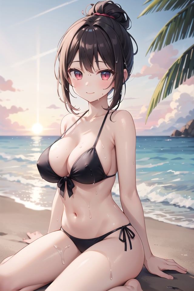 insanely detailed, absurdres, ultra-highres, ultra-detailed, best quality,1girl, solo, nice hands, perfect handsBREAK(wearing swimwear:1.3)BREAKseductive smile, closed mouth,sitting on sand of beach, seductive pose, cowboy shotBREAKslender, kawaii, perfect symmetrical face, ultra cute girl, ultra cute face, ultra detailed eyes, ultra detailed hair, ultra cute, ultra beautifulBREAKEvening sea Capture the mesmerizing beauty of the ocean as the sun sets, painting the sky with warm hues, depth of field, ultra detailed backgroundBREAKmedium large breasts, , extremely detailed navel, (wet skin:1.2), (shiny skin:1.3)BREAKblack hair, red eyes, topknot,