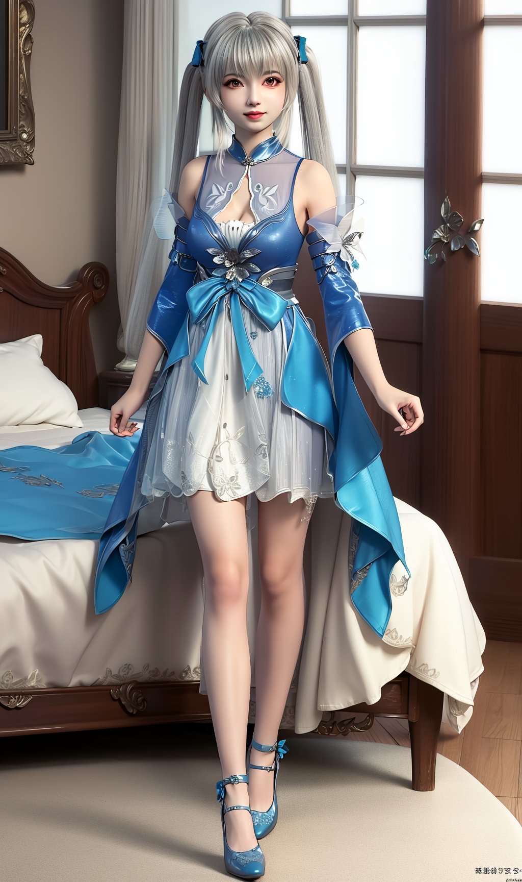 masterpiece,(best quality),3d,official art, extremely detailed cg 8k wallpaper,((crystalstexture skin)), (extremely delicate and beautiful),highly detailed,1girl,solo,long hair,headwear,(standing),(white hair),(( dress)),, (chinese_clothes:0.719), (blue_footwear:0.895), (blue_bow:0.779), (ribbon:0.768),(shoes),((full body,whole body)),sweet smile, (medium breasts),((hair_ornament)),((twintails)),(bow:0.902), (ribbon:0.806), (blue_ribbon:0.794) ,(realistic:0.729), (chinese_clothes:0.723), (blue_nails),(cleavage:0.797),  (detached_sleeves), (sunshine, indoor,(bed)),((looking_at_viewer)),((Facing the camera)), <lora:hipoly3DModelLora_v10:0.3>