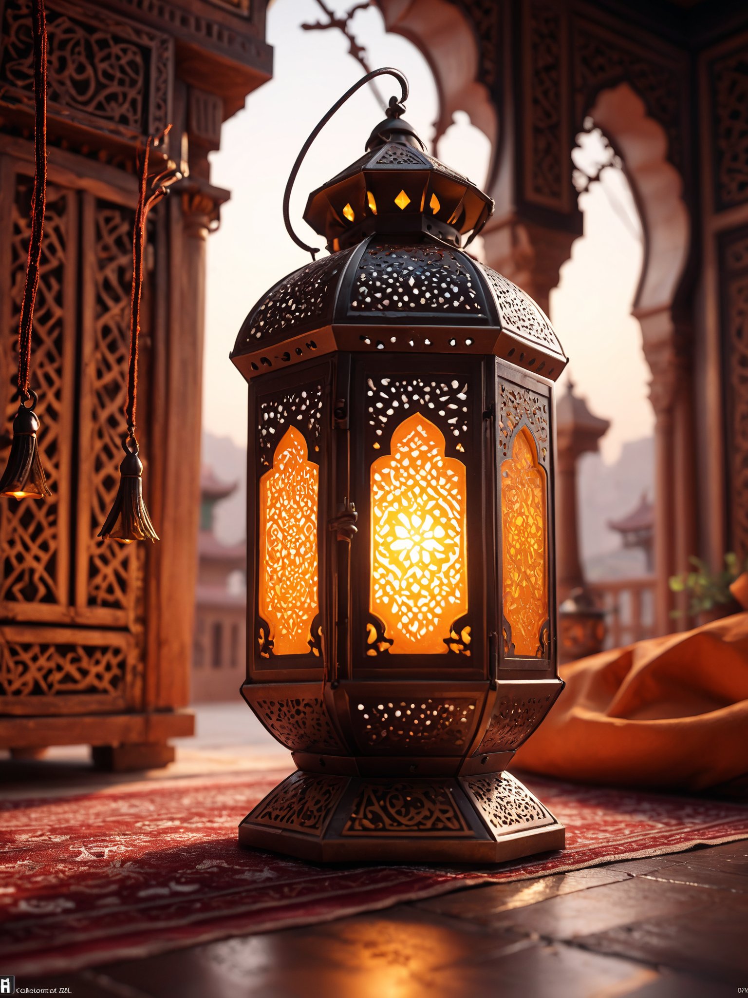 ramadan lantern, epic action, Unreal Engine, cinematic award winning artwork, many details, extreme detailed, full of details,Wide range of colors., dramatic, Dynamic,Cinematic,Sharp details, Insane quality. Insane resolution. Insane details. Masterpiece. 32k resolution. casting shadow style, cucoloris patterned illumination,  dvr-lnds-sdxl, ral-dissolve, ral-ertmsphr, ral-porcelain, ral-pxlprtcl, Niji, aidma-niji