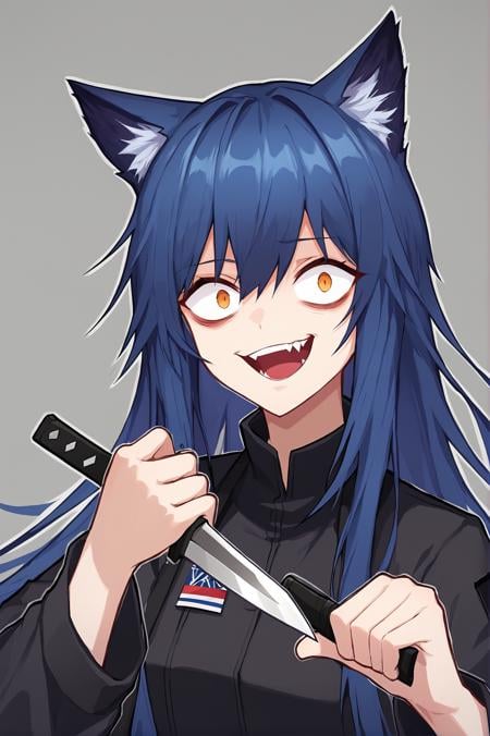 score_9, <lora:gesugao_v1_pruned:1>, gesugao, constricted pupils, evil smile, open mouth, texas \(arknights\), blue hair, long hair, cat ears, holding knife, knife, high resolution, Masterpiece, rating_safe