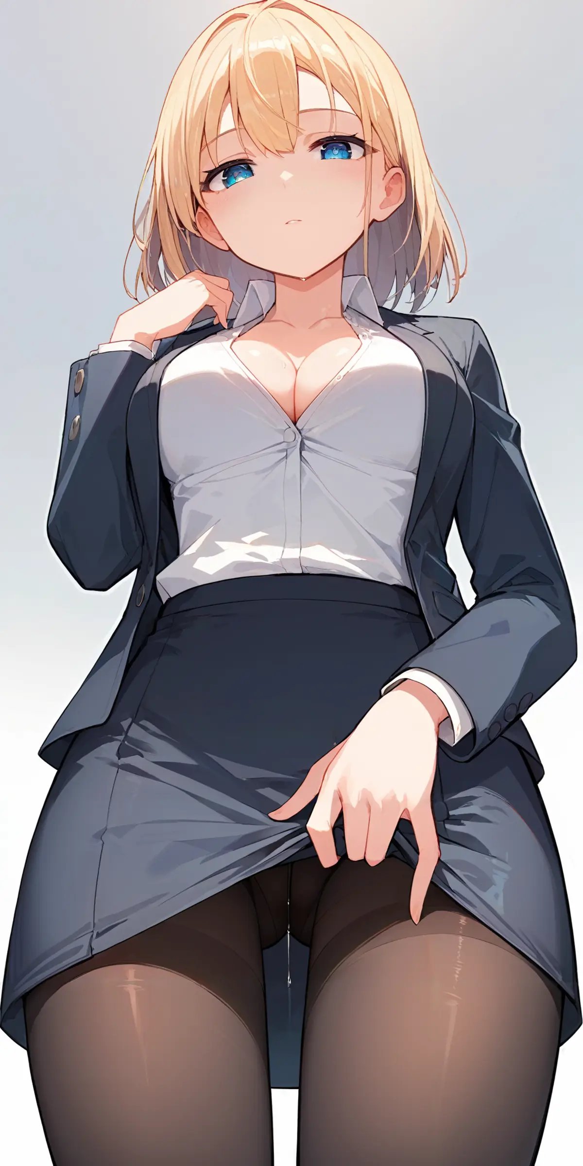 score_9, score_8_up, score_7_up,source_anime, high res image,masterpiece,best quality,girl,cute face,clear skin,shiny hair,ultra detailed eyes,simple background,    <lora:suit skirt_pony_V1.0:1>suit, shirt,skirt, pantyhose, cleavage,from below <lora:pussy juice_pony_V1.0:0.5> pussy juice,stnading