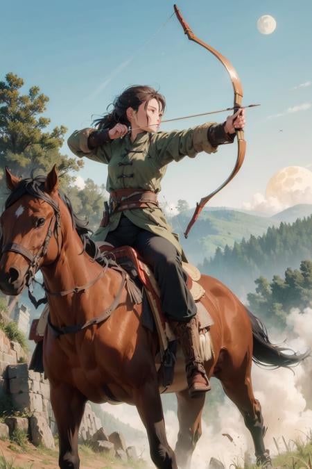 1girl, mounted archery, archery, horseback riding , horse, fire, ((moon night)), masterpiece, best quality, 8k, outdoors, Ancient Chinese fortresses background, city walls, grass, snow,(late night), Bloody battleground, crumbling ruins, scattered weapons, fallen soldiers, war-torn landscape, echoes of conflict, ancient battleground, battle-scarred terrain, war remnants, historical battleground, remnants of war, bow \(weapon\), arrow (projectile), drawing bow, aiming, holding weapon, holding bow (weapon), holding