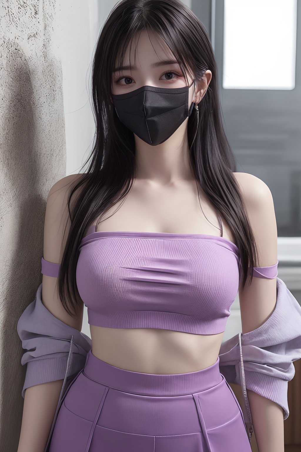 1girl, bangs, bare shoulders, black hair, black skirt, covered mouth, gas mask, long hair, mask, midriff, mouth mask, nail polish, pencil skirt, purple nails, purple skirt, skirt, solo, surgical mask, tape gag  <lora:口罩:0.8>