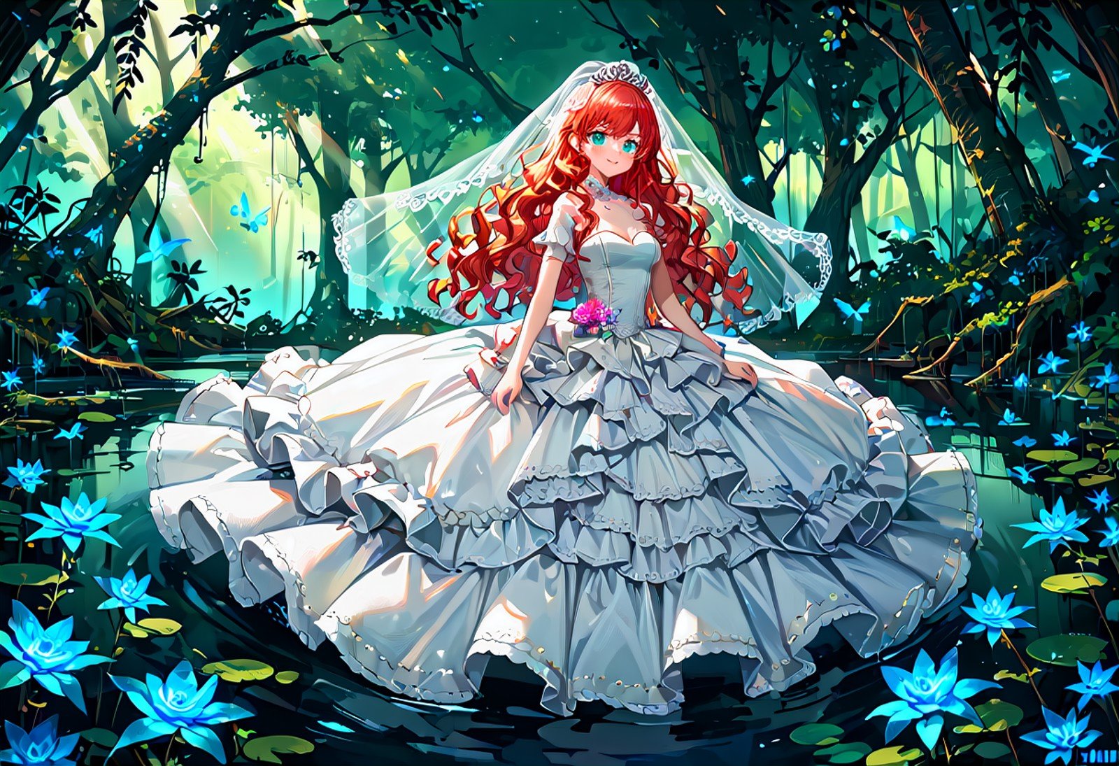 <lora:WD-XLPony_006:0.7>, 1girl, split-color, long wavy hair, wedding dress, clothing with intricate frills and embroidery, bridal veil, luxurious clothing, dark swamp, detailed background, incredibly absurdres, colorful, HD, hyper detailed, ultra detailed, score_9, score_8_up, score_7_up, source_anime, perfect anatomy, masterpiece, best quality, very aesthetic