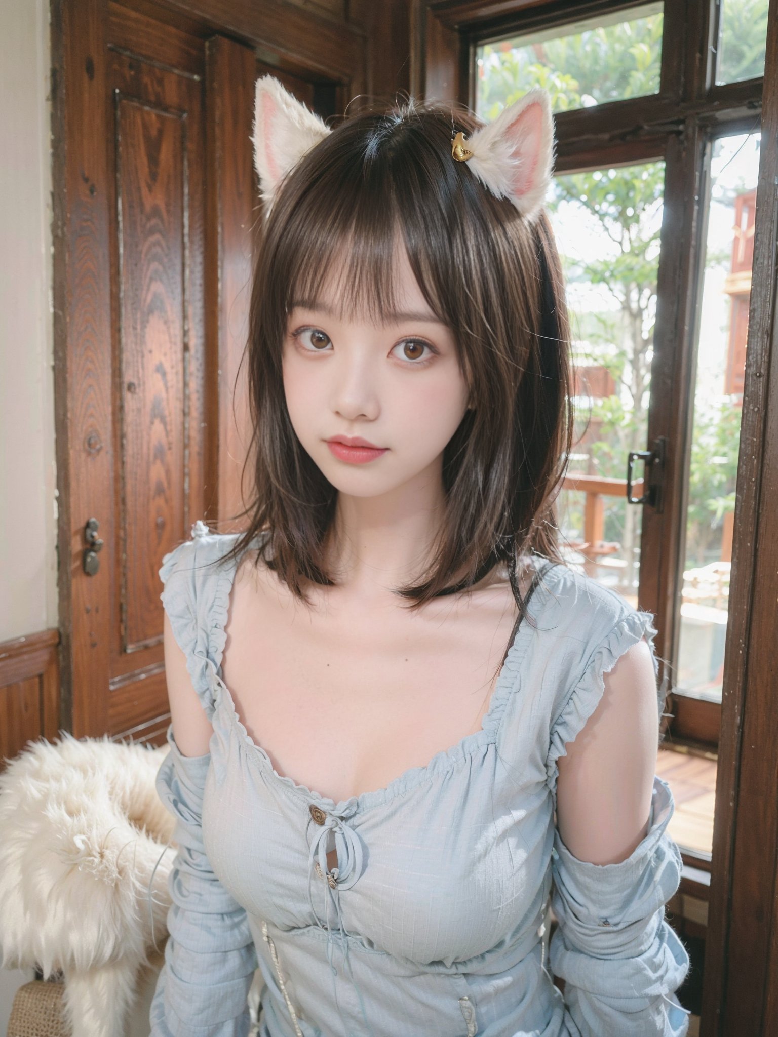 1girl,solo,long hair,brown hair,anger vein,animal ears,looking at viewer,bangs,hair ornament,realistic,blunt bangs,cosplay,upper body,indoors,closed mouth,long sleeves,lips,blurry background,brown eyes,