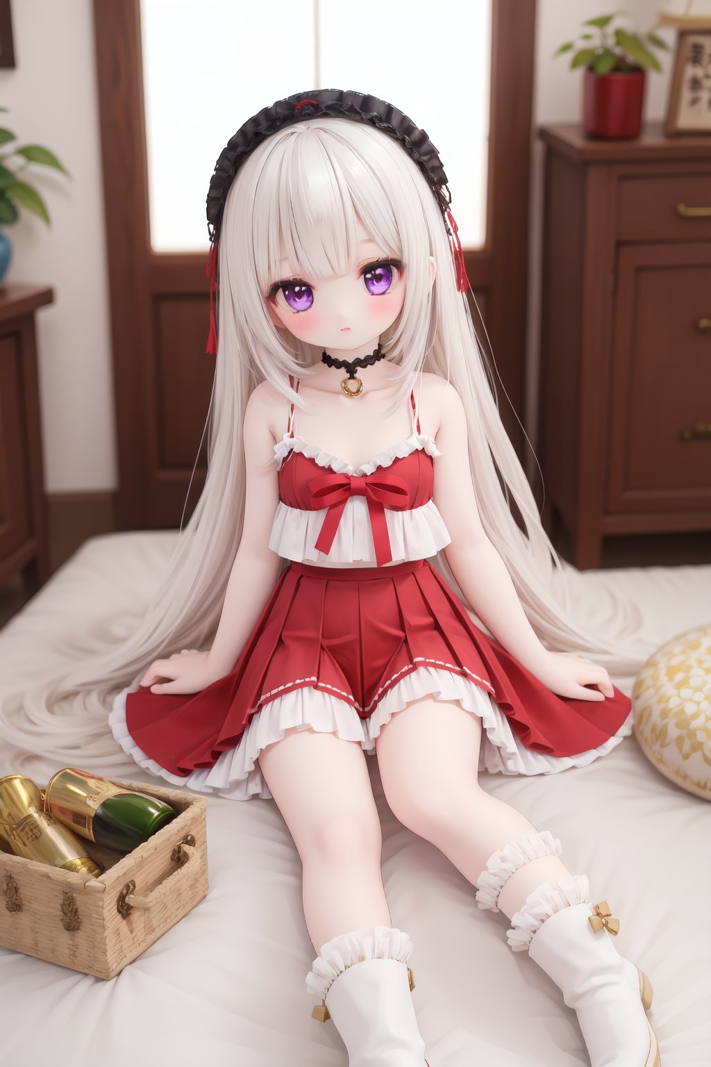 Bare shoulders, pale skin, white hair, purple eyes, collarbone, pleated skirt, ankle boots, retro style, qingsha,indoors, scatter rocks, Hanama wine, qipao, lace lolita<lora:doll-v1:0.5>,