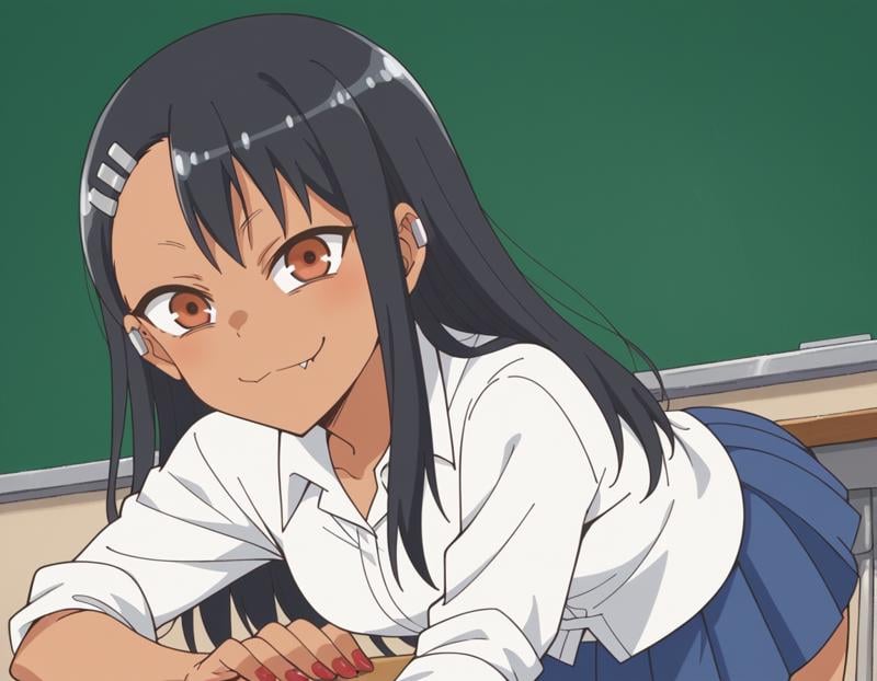 score_9, score_8_up, score_7_up, source_anime,hayasenagatoro, <lora:hayase-nagatoro-s1s2-ponyxl-lora-nochekaiser:1>,hayase nagatoro, long hair, bangs, black hair, hair ornament, brown eyes, hairclip, fang, dark skin, dark-skinned female, tan,skirt, shirt, school uniform, white shirt, pleated skirt, nail polish, blue skirt, red nails, earclip,indoors, classroom, bent over, smile,looking at viewer, cowboy shot, solo, dutch angle,