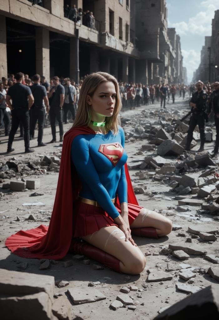 (score_9, score_8_up, score_7_up, score_6_up, score_5_up, score_4_up),realistic, highly detailed,real life,analog, detailed background,  (supergirl kneeling in the rubble of a destroyed city street, (short red pleated miniskirt:1.3), sweaty, sexy ripped supergirl outfit, blue top,  and red boots, cape), long sleeves, midriff,  rubble, dust,  (ripped cloths:1.2), gasping, (sleepy eyes, crowd of people watching her,, sky scrapers, glowing green  glass collar:1.4)