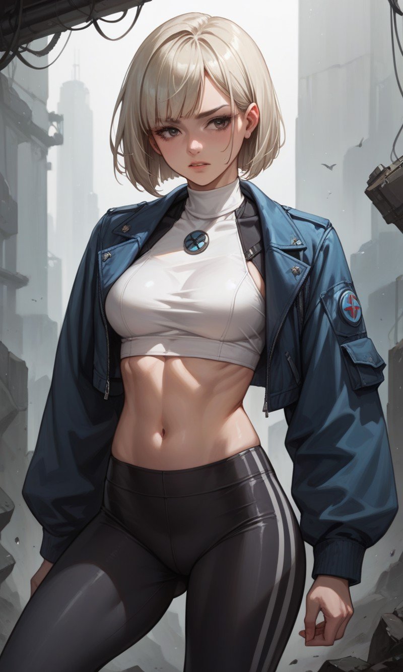 score_9, score_8_up, score_7_up, score_6_up, score_5_up, score_4_up, source_anime, BREAK, 1lady,solo,leggings,cropped top,jacket,platinum blonde,bob cut,cowboy shot,black eyes,a hovering text '?'