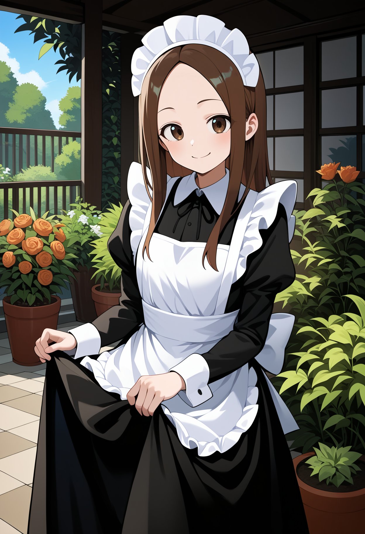 score_9, score_8_up, score_7_up, score_6_up, score_5_up, score_4_up, source_anime, aatakagi, solo, long hair, brown hair, parted bangs, <lora:takagi-san_ponyxl_v1:0.9>, maid, maid headdress, apron, black dress, skirt hold, smile, garden, standing,