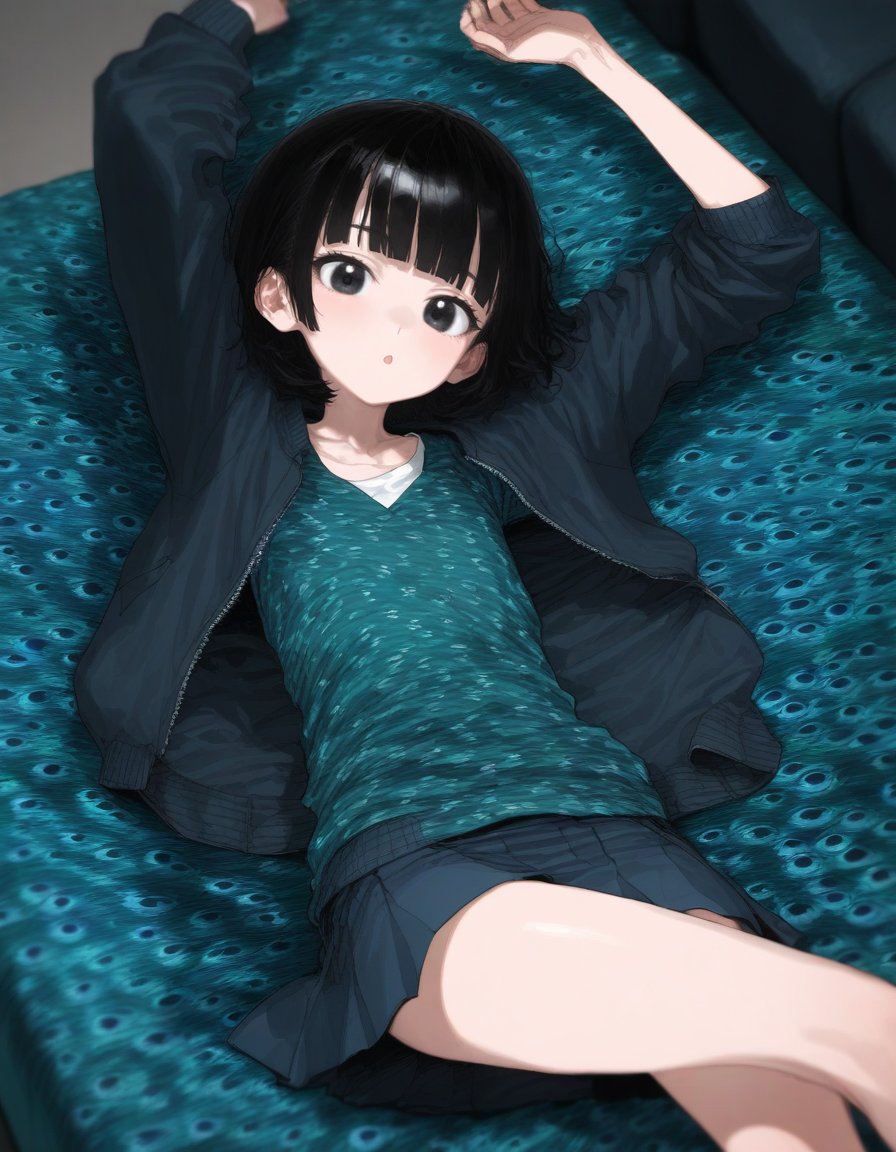 1girl, :<, arm up, artist name, black eyes, black hair, blunt bangs, couch, dress, jacket, letterman jacket, looking at viewer, lying, on back, open clothes, open jacket, peacock print, short dress, short hair, solo 