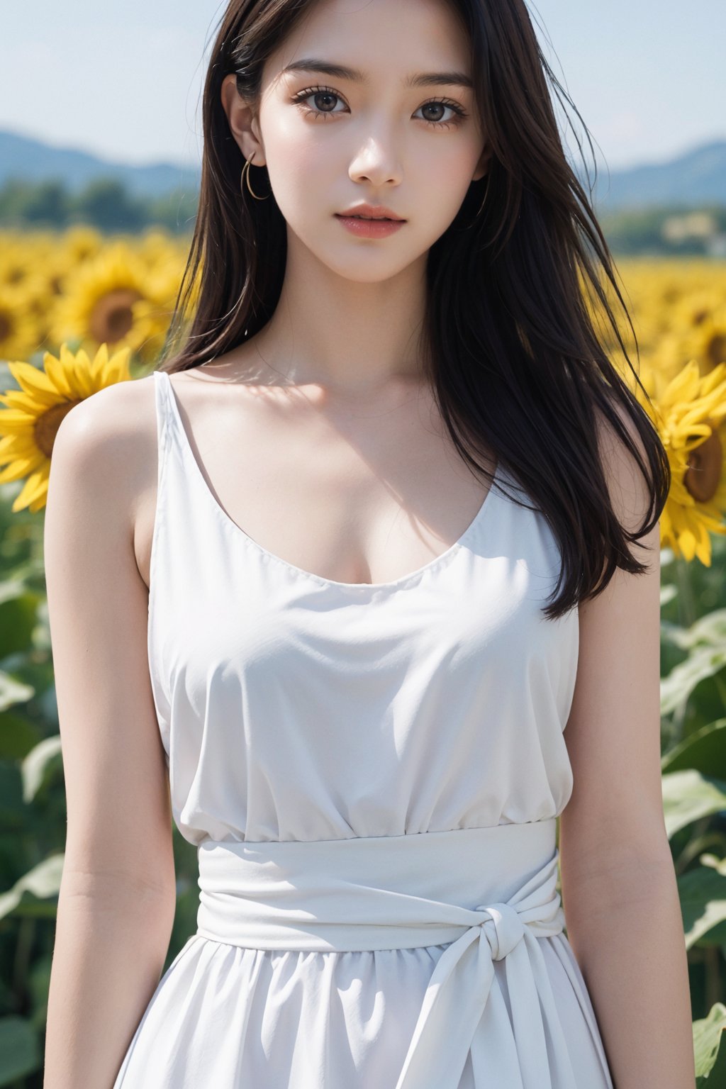 (mature body), (upper body:1.5), nikon RAW photo,8 k, Fujifilm XT3,masterpiece, best quality, realistic, photorealistic, ultra detailed, extremely detailed face, solo,1girl, standing, fashionable and trendy atmosphere, and a stylish expression on her face, close up, (narrow waist), white dress on field of sun flowers,