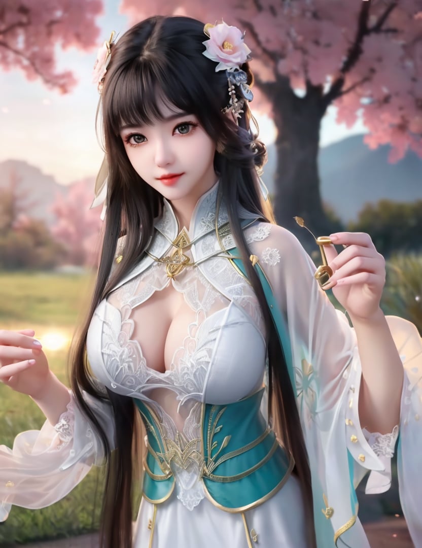 <lora:521-DA-诛仙CG-碧瑶:0.8>(,1girl, ,best quality, ),looking at viewer,  ,, ultra detailed background,ultra detailed background,ultra realistic 8k cg,,masterpiece, (( , )), fiction,mole,  ,     ,see-through, lace, (cleavage),(((, solo, sun, , bare_tree, )))