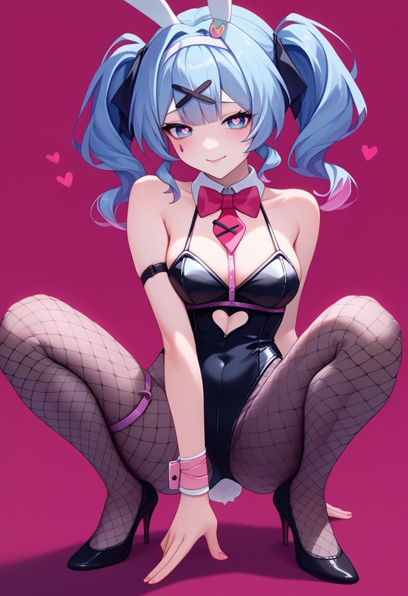 score_9, score_8_up, score_7_up, full body, solo, 1girl, rabbitholemiku, facial mark, seductive smile, looking at viewer, squatting, spread legs, twintails, x hair ornament, hair ribbon, heart-shaped pupils, playboy bunny, black leotard, strapless leotard, clothing cutout, detached collar, pink bowtie, wrist cuffs, black pantyhose, fishnet pantyhose, thigh strap, high heels, rabbit tail, cleavage <lora:vocaloid_rabbitholemiku_ponyXL:1>