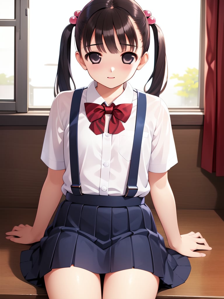 <lora:Tsutsumi_Kinuka:0.8>, TsutsumiKinuka, 1girl, solo, twintails, school uniform, brown hair, sitting, hair bobbles, black eyes, suspenders, hair ornament, skirt, masterpiece, high quality, very_high_resolution, large_filesize, full color,