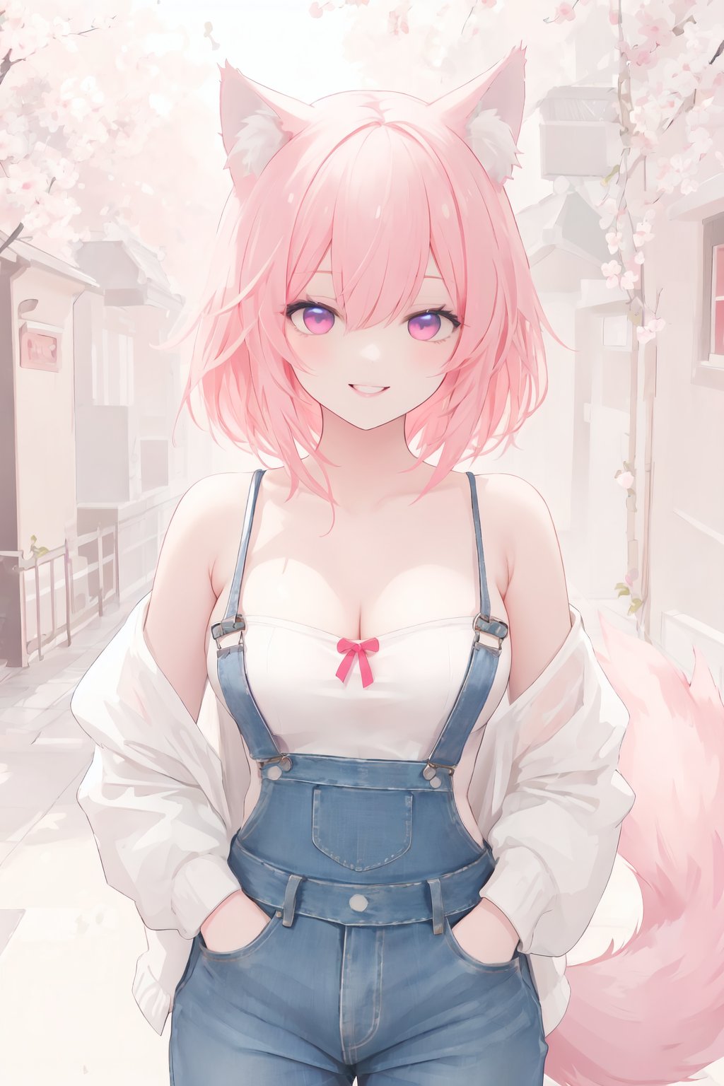 1 wolf girl, rose quartz eyes, wolf ears, wolf tail, short hair, (smile:1.1), (parted lips:0.8), cute, bare arms, medium breasts, (cleavage:0.8), (collarbone:0.9), (thighs:0.7), tube top, overalls, (ribbon:1.1), hand in pocket, pink street, sharp focus, looking at viewer, cowboy shot, (intricate:1.1), (light pink theme:1.1), (light pink tone:1.1), (deepblue tone:0.9), (anime coloring:1.1), illustration,