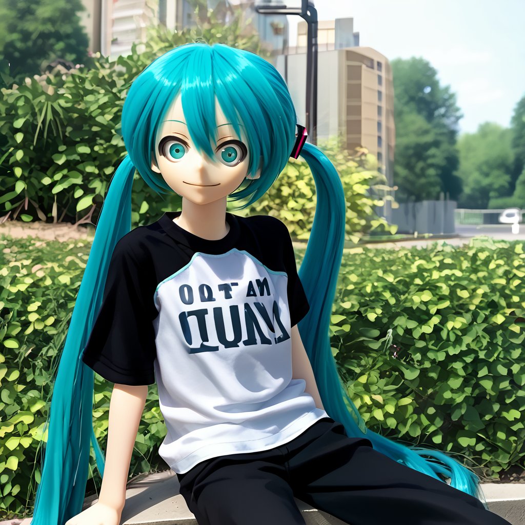 score_9, narupajin, (hatsune miku:0.8), 1girl, smile, portrait,  twintails,  aqua eyes, aqua hair,sitting, outdoors, short sleeves, pants, solo, t-shirt [blurry background:5]<lora:narupajin1:1>