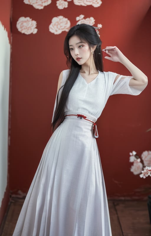 (8k, RAW photo, best quality, masterpiece:1.2),mamianqun,1girl,solo,medium breasts,narrow_waist,(traditional white top:1.4),wearing a dark blue long dress,(red wall:1.4),long hair,chinese style clothes,dancing posture,photo posture,chinese wind photos,standard pretty girl,traditional hairstyle,<lora:mamianqun:0.7>,