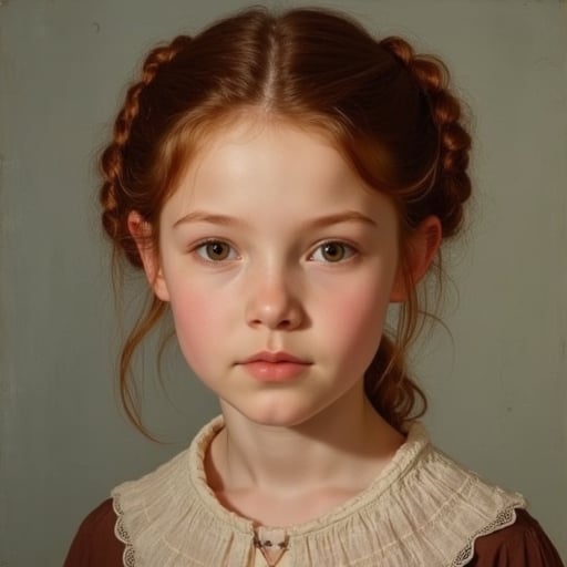 Full-body-length painting of a Young Girl: A slender, 18-year-old girl with dark russet hair tied in double plaits and light brown eyes gazes directly at the camera, exuding confidence.