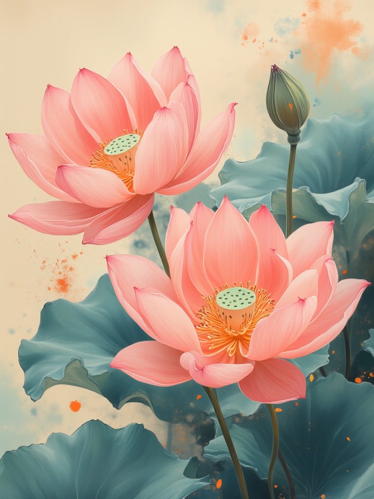 OBguofeng,This is a digital illustration depicting two large, vibrant pink lotus flowers in full bloom, with one flower slightly behind the other. The petals of the flowers are soft and delicate, with a gradient of pink hues that fade into a lighter peach at the edges. The center of each flower features a cluster of small, green, circular seeds, adding texture and depth to the illustration. The flowers are set against a backdrop of large, blue-green lily pads, which have a smooth, glossy texture and are slightly translucent, allowing the background to show through. The background is a muted beige with splashes of orange and blue, giving a sense of movement and fluidity. The stems of the flowers are thin and green, with a few small, orange splashes adding to the overall vibrant color palette. The style of the illustration is realistic with a touch of digital art, focusing on the intricate details and textures of the flowers and their surroundings. The overall composition is balanced, with the flowers positioned slightly off-center to the right, creating a dynamic and visually appealing image.