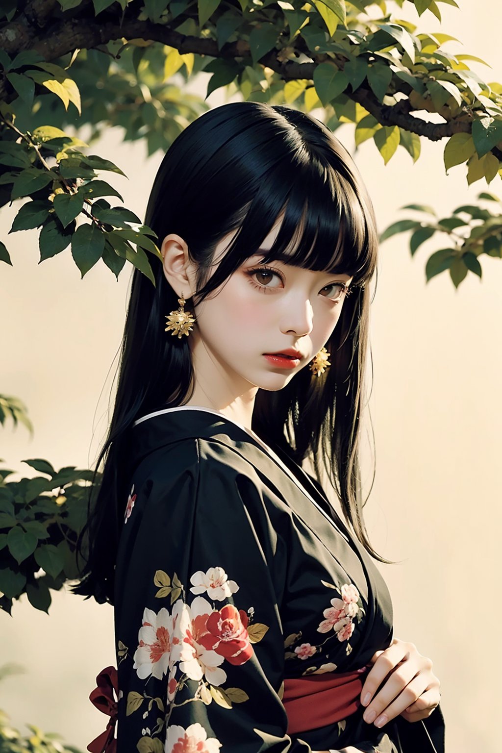 1girl,solo,black hair,bangs,jewelry,long hair,earrings,blunt bangs,looking at viewer,japanese clothes,upper body,closed mouth,branch,brown eyes,kimono,red lips,plant,hime cut,makeup,from side,nail polish,<lora:linhe fuheigongzhuqie_20231018110238:0.6>,