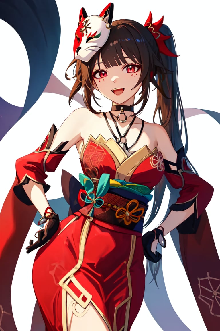 quality, masterpiece, highres,   <lora:sparklev1:1>,sparkle \(honkai: star rail\), 1girl, gloves, solo, hands on hips, white background, open mouth, choker, black gloves, simple background, black choker, mask, bare shoulders, sash, detached sleeves, obi, red dress, japanese clothes, looking at viewer, dress, hair ornament, red eyes