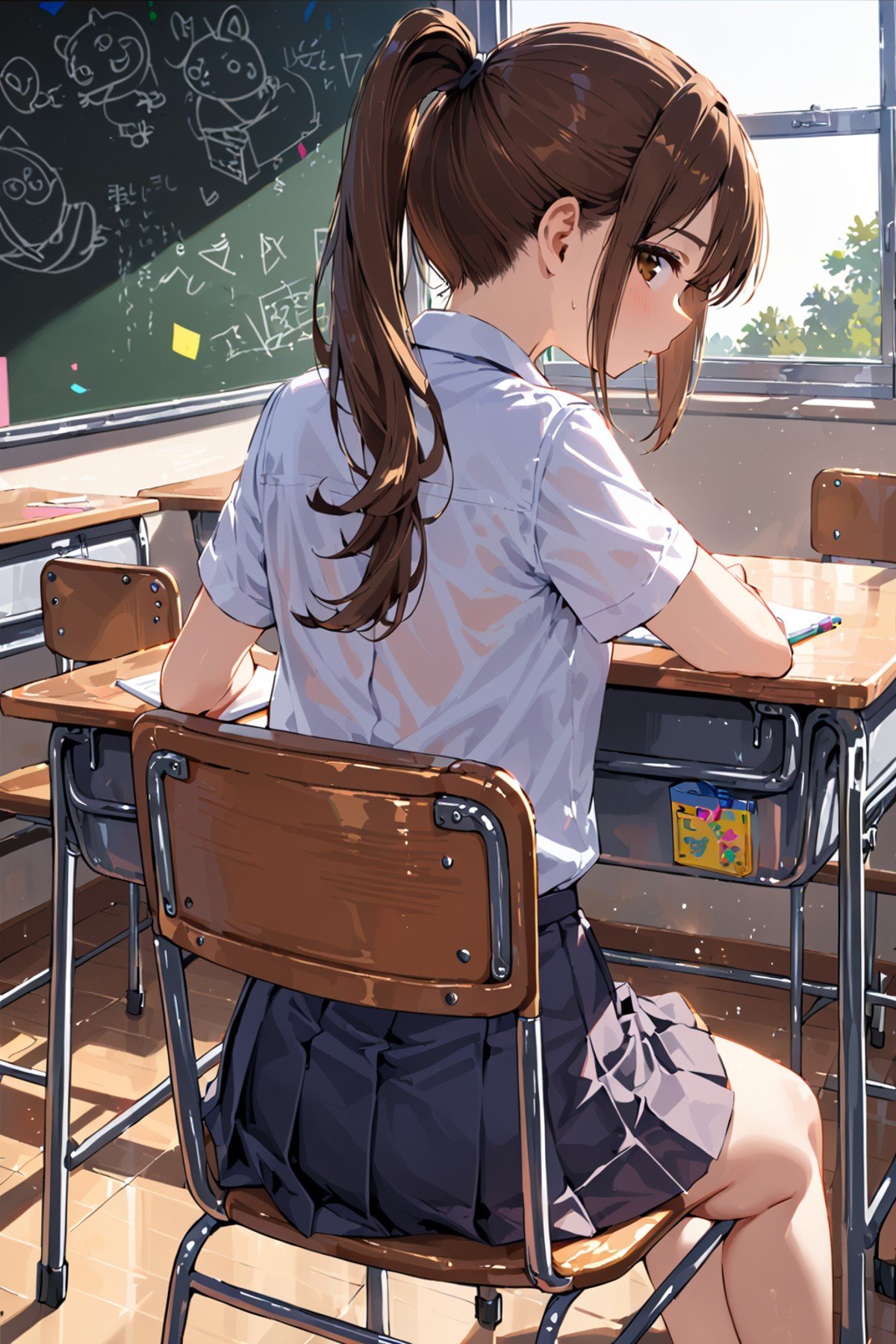 1girl, solo, brown hair, ponytail, school uniform, looking back, from behind, sitting on chair, desk, classroom, black board, transparent, masterpiece, best quality