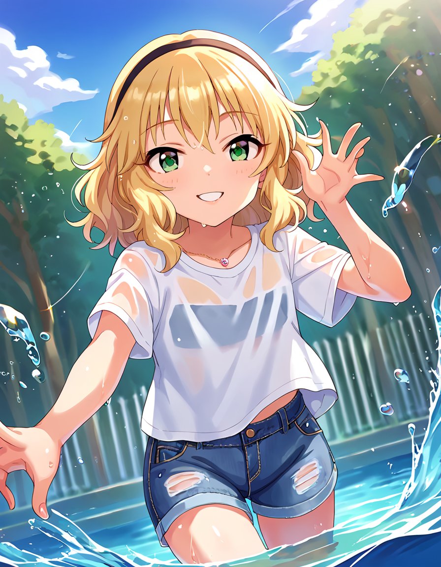 score_9, score_8_up, score_7_up, source_anime,1girl, solo, dating,  standing, joyful, smile, parted lips, dynamic pose, water, partially submerged, splash,  looking at viewer,outdoors, summer, day, sunbeam, blue sky, water, partially submerged, splash,  looking at viewer, <lora:SakuraiMomoka_pony_v1:0.9> skrimmk, short hair, blonde hair, wavy hair, hairband, hair bow,  bangs, hair between eyes, green eyes, flat chest, long t-shirt, white shirt, wet,  denim short pants, necklace, 