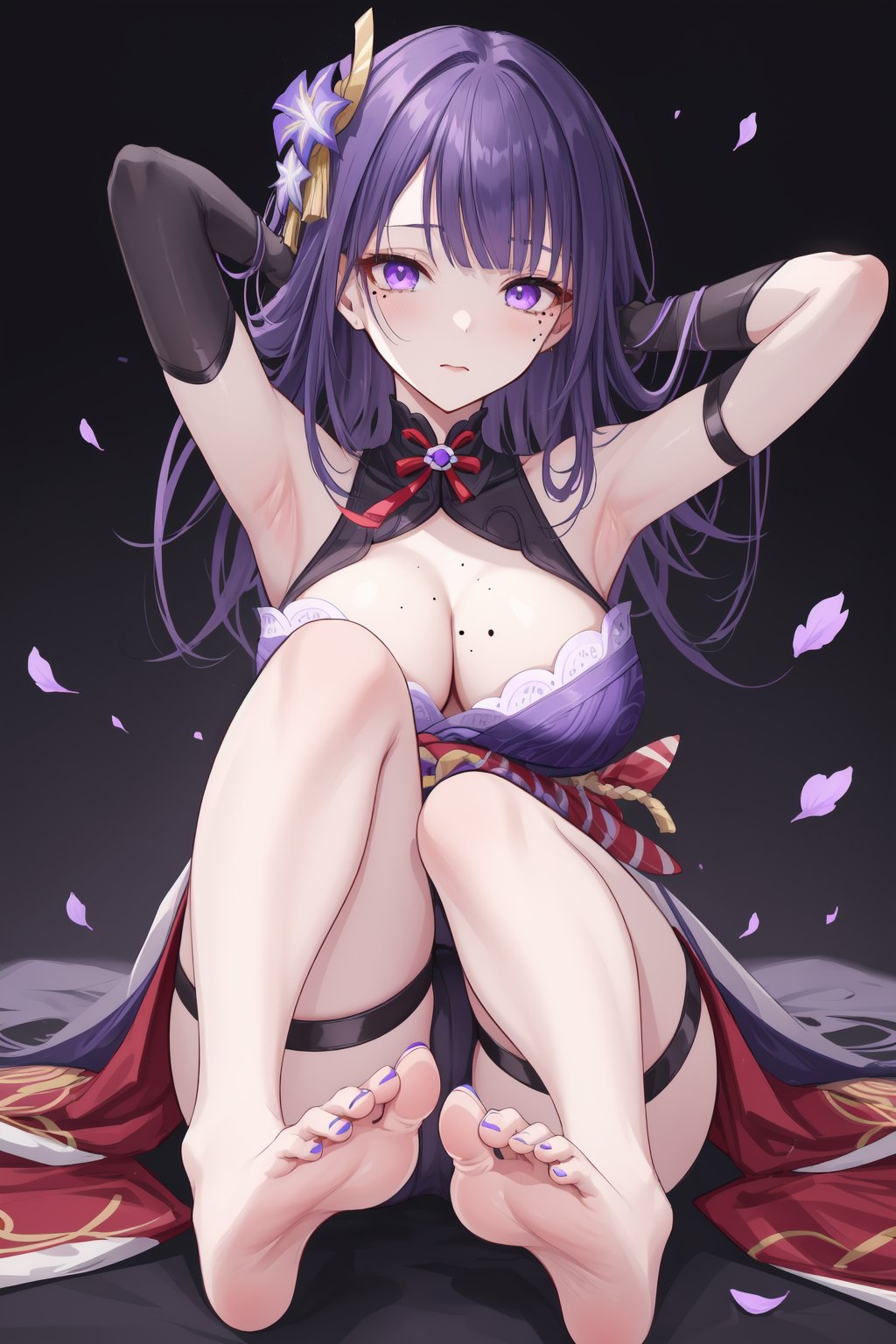 1girl, breasts, purple hair, raiden shogun, purple nails, feet, barefoot, solo, purple eyes, large breasts, toes, bangs, long hair, looking at viewer, flower, soles, arm up, toenails, thigh strap, nail polish, cleavage, toenail polish, foot focus, closed mouth, armpits, foreshortening, mole under eye, elbow gloves, gloves, bridal gauntlets, hair ornament, purple gloves, purple flower, blunt bangs, bare shoulders, mole, thighs, md-style