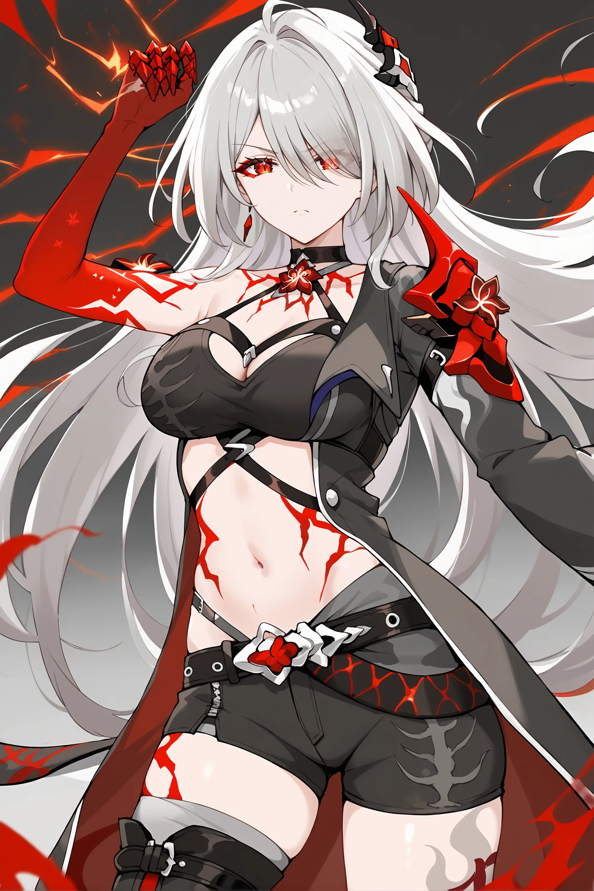 masterpiece, best quality, perfect features, intricate details, ray tracing, very aesthetic, (hitenkei, askzy:0.4), 1girl, acheron \(honkai: star rail\), solo, red eyes, silver hair, grey short shorts, grey leg tattoo, hair ornament, single grey thigh boot, pale skin, uneven legwear, grey midriff, choker, grey long coat, grey single sleeve, red single gauntlet, bodypaint, cowboy shot, blood splatter, red electricity, combat pose, incoming attack, glaring, looking at viewer <lora:Char-HonkaiSR-Acheron-Pony-V1:0.9>