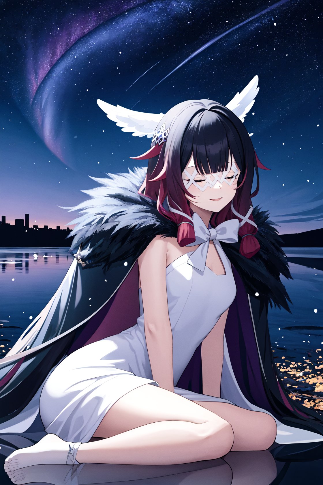 <lora:少女v2-000008:1>,shaonv,1girl,solo,white mask,head wings,fur-trimmed coat,smile,white coat,white bow,white dress,white ribbon,aurora,city lights,cloud,crescent moon,fireflies,horizon,light particles,milky way,moon,night,night sky,shore,sitting,sky,skyline,snowing,space,star \(sky\),starry background,starry sky,twilight,water,, (masterpiece,best quality,high quality:1.2),absurdres,