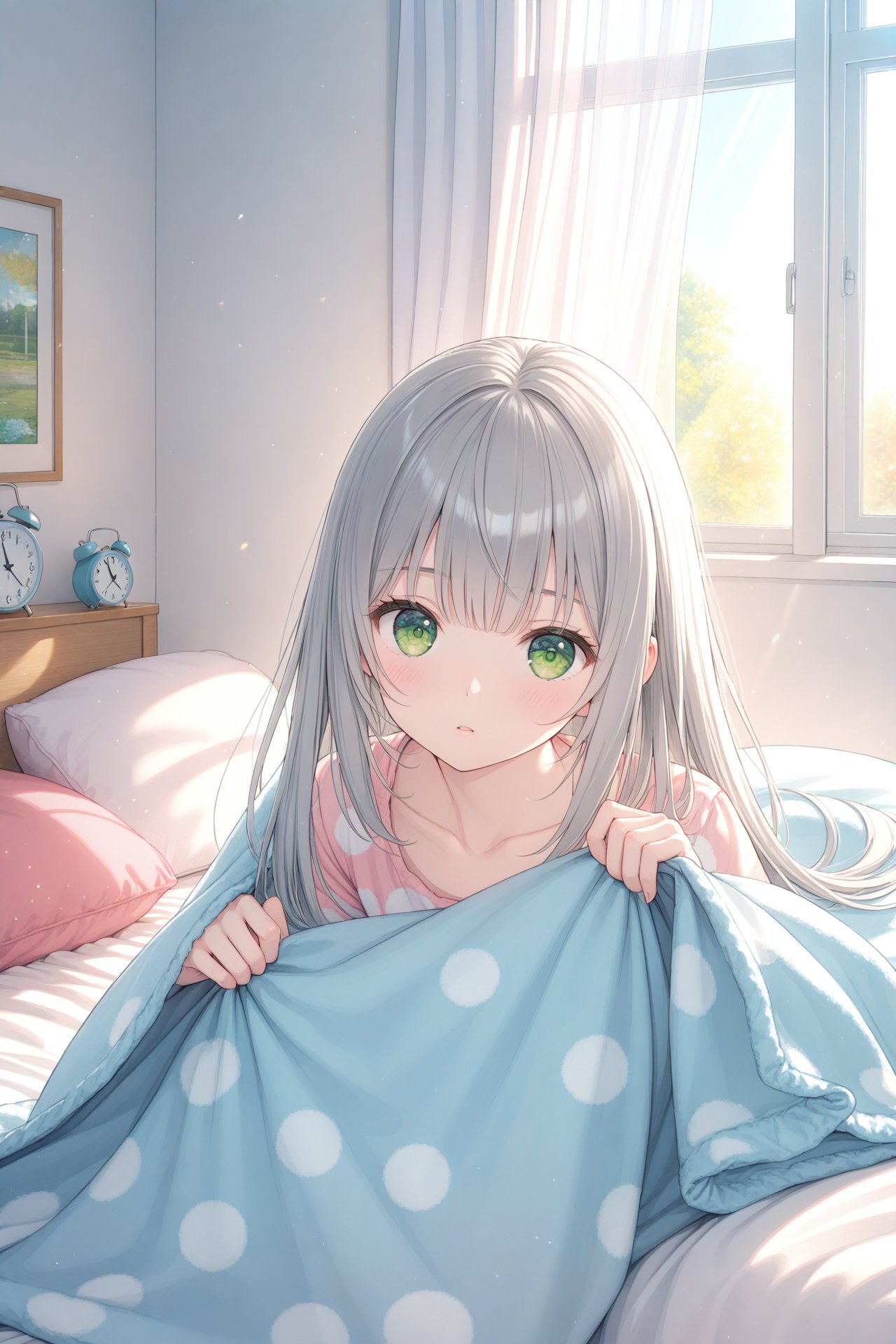 (masterpiece),(best quality),illustration,ultra detailed,hdr,Depth of field,(colorful),loli,1girl,clock,solo,alarm clock,under covers,green eyes,bed,long hair,pillow,indoors,sunlight,curtains,pajamas,grey hair,blanket,window,collarbone,bangs,