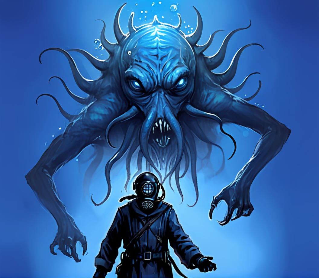 lloigor,digital art,illustration,fantasy,person in gas mask,monster,confrontation,ethereal,blue palette,mysterious,otherworldly,glowing eyes,shadowy figure,tentacles,ominous,abstract shapes,textures,cold tone,diffuse lighting,dynamic pose,surrealist influence,sci-fi theme,horror elements,cthulhu horror,bubble,underwater,air bubble,1boy,male focus,helmet,blue theme,mask,gloves,claws,coat,teeth,belt,lovecraftian,Mythological creatures,<lora:kesulu-10:0.6>,