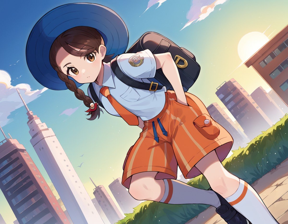 score_9, score_8_up, score_7_up, source_anime,pokemonjuliana, <lora:pokemon-juliana-ponyxl-lora-nochekaiser:1>pokemonjuliana, braid, brown eyes, brown hair, hair ornament, hairclip, side braid, single braid, swept bangs,backpack, bag, black footwear, blue headwear, blue shirt, breast pocket, collared shirt, hat, kneehighs, naranja academy school uniform, necktie, orange necktie, orange shorts, pocket, school uniform, shirt, shoes, short sleeves, shorts, socks, striped, striped shorts, sun hat, white socks,outdoors, cityscape, bent over,looking at viewer, cowboy shot, dutch angle,