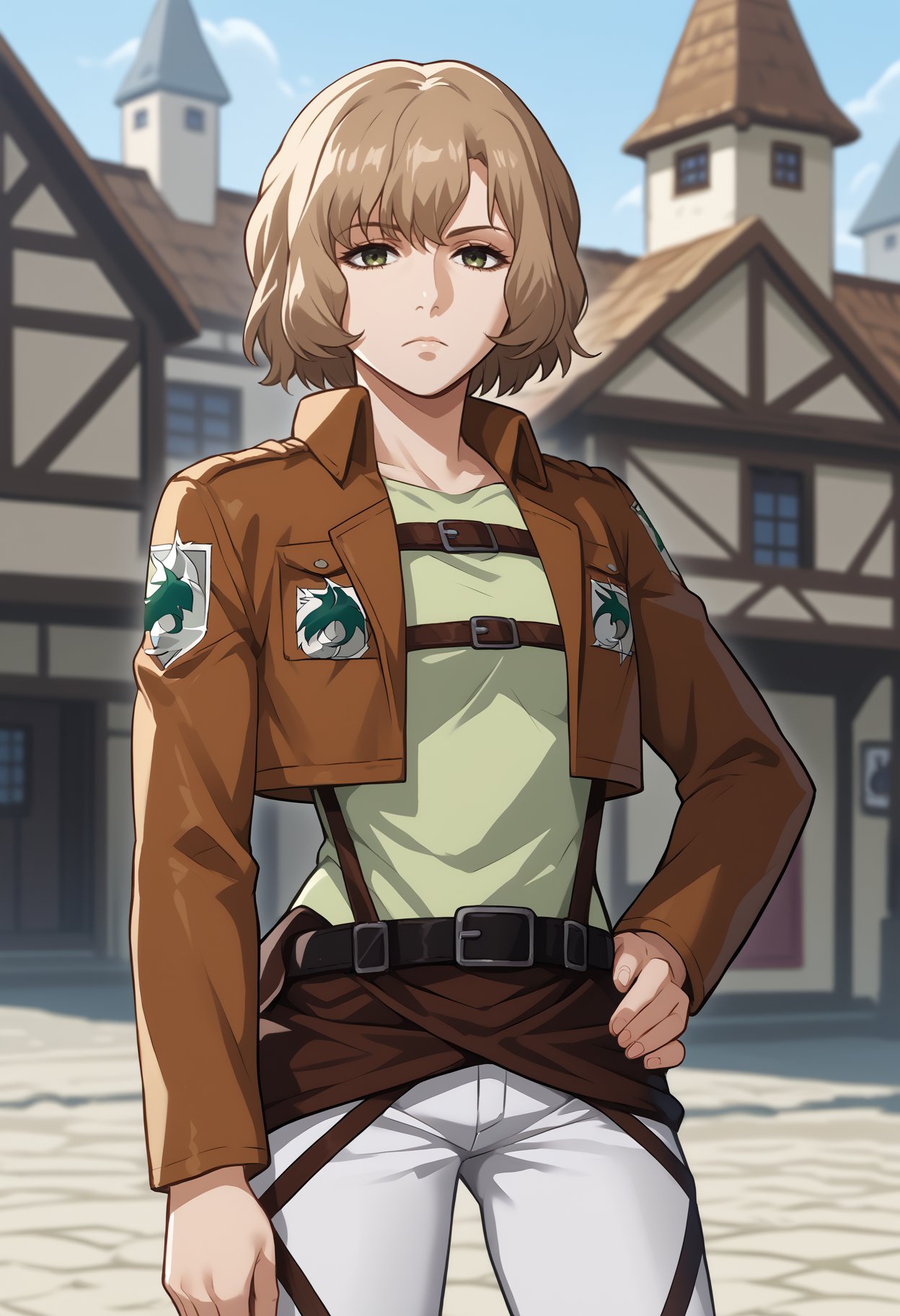 score_9, score_8_up, score_7_up, source_anime, solo, 1girl, hitch dreyse, expressionless, looking at you, standing, hand on own hip, green eyes, paradis military uniform, brown jacket, cropped jacket, open jacket, long sleeves, green shirt, brown skirt, belt, white pants, outdoors, town<segment:yolo-face_yolov8m.pt,0.4,0.5//cid=1>