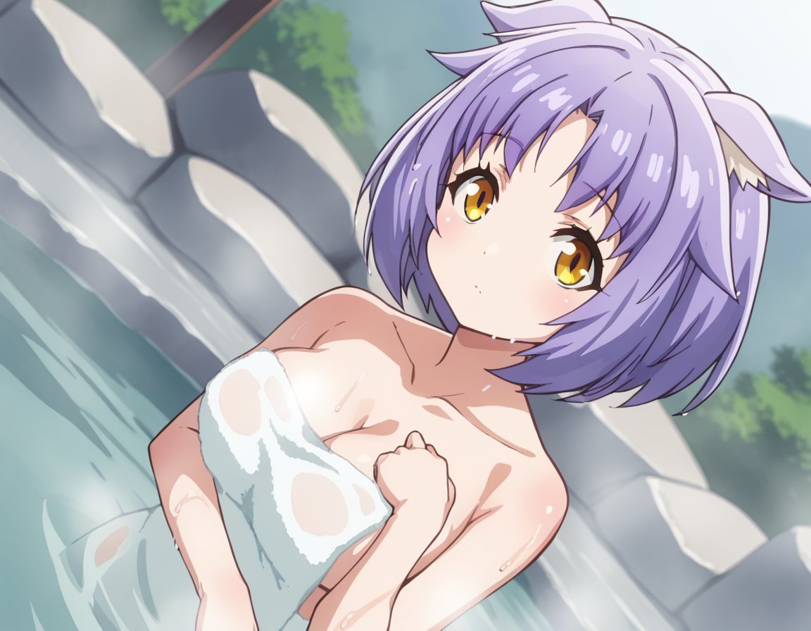 score_9, score_8_up, score_7_up, source_anime,nekoparacinnamon, <lora:nekopara-cinnamon-s1-ponyxl-lora-nochekaiser:1>,cinnamon, short hair, animal ears, yellow eyes, purple hair, cat ears,nude, naked, cleavage,outdoors, onsen, towel, naked towel, steam, bathing, nude cover, partially submerged, water, bath, steam censor, wet towel,looking at viewer, solo, cowboy shot, dutch angle,