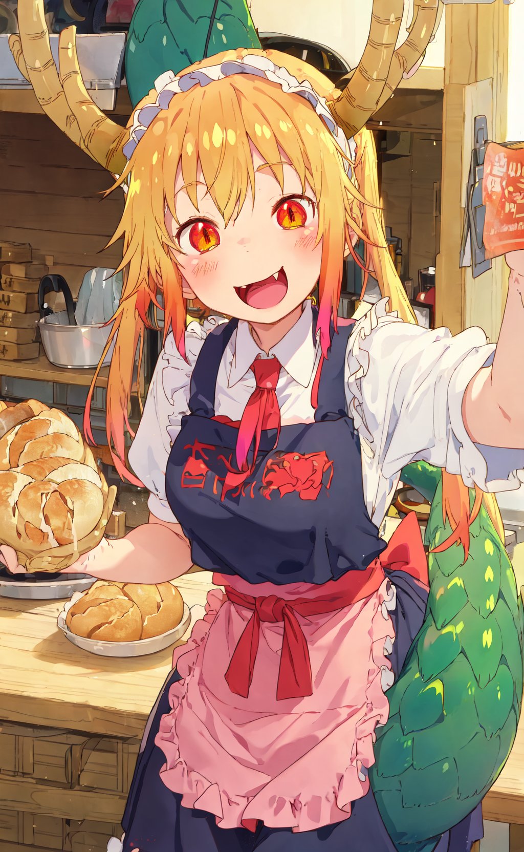 tohru baking bread, apron, dragon horns, happy <lora:tohru-maidragon:0.85>