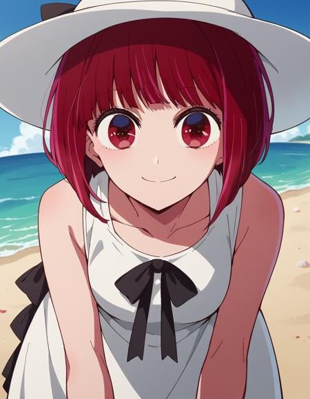 score_9, score_8_up, score_7_up, source_anime,kanaarima, <lora:kana-arima-s1-ponyxl-lora-nochekaiser:1>,kana arima, short hair, bangs, red eyes, red hair, bob cut, smile,hat, dress, ribbon, sleeveless, white dress, sleeveless dress, white headwear, sun hat, sundress,beach, bent over, smile,looking at viewer, cowboy shot, dutch angle, solo,