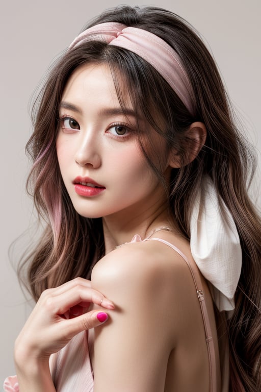 (fashion photography:1.3),(sweet:1.2),nail polish,eyeliner,eyelashes,lipstick,makeup,The girl has long,(wavy hair with a mix of pink and white colors:1.1),which gives off a soft and whimsical vibe. They are wearing what appears to be a light-colored,possibly pink,top with a ruffled neckline. The person is also adorned with accessories that include a headband with a bow and what looks like a feather or a decorative element on the side. The overall aesthetic is very cute and playful,with a focus on pastel colors and a fantasy-like quality. The background is simple and does not distract from the subject,which is the person's face and upper body,<lora:add_detail 3:1>,