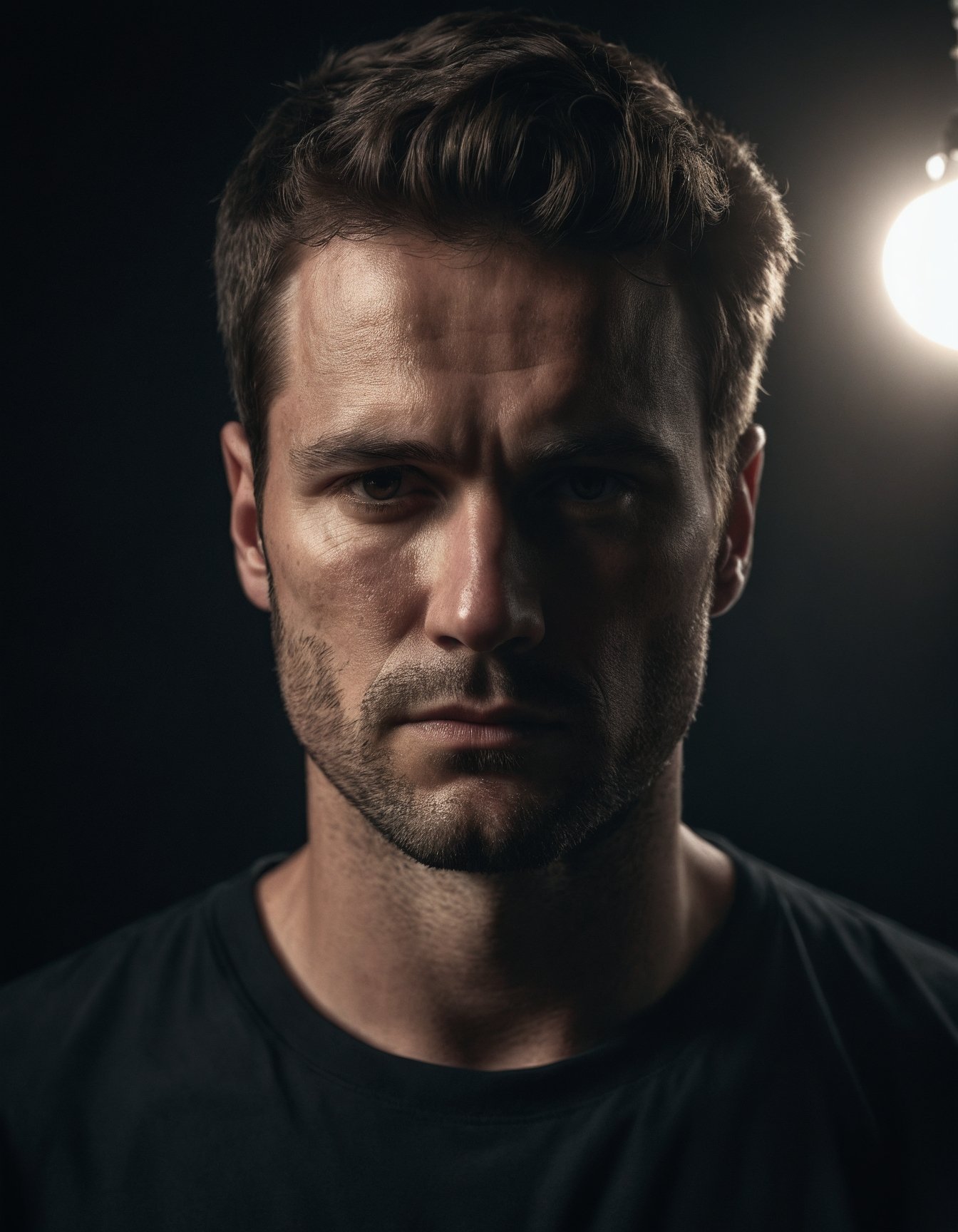 high quality, portrait photo of 30 y.o european man, wearing black shirt, serious face, detailed face, skin pores, cinematic shot, dramatic lighting