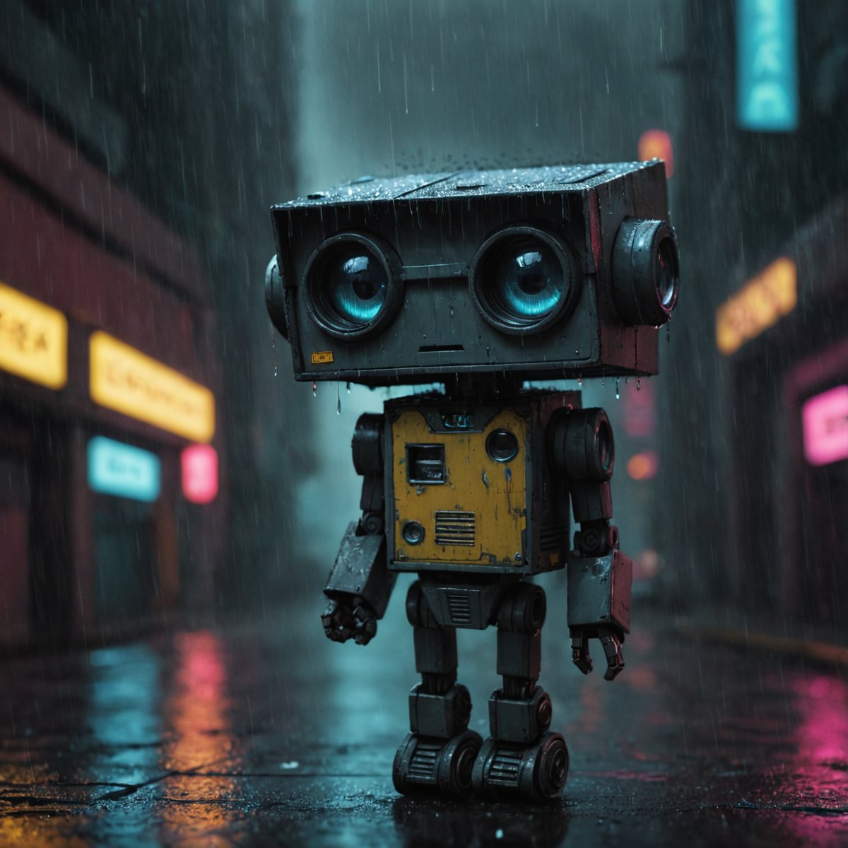 Small robot, cute robot, rectangular body, treaded wheels, compact head, expressive binocular-like eyes, sad and curious appearance, heartbreaking, cute, heavy rain, very sad, lonely, lost place, cyberpunk, desaturated, vibrant colors, dramatic lighting, desaturated background, bokeh, dark theme, soothing tones, depth of field, dramatic backlighting, film grain