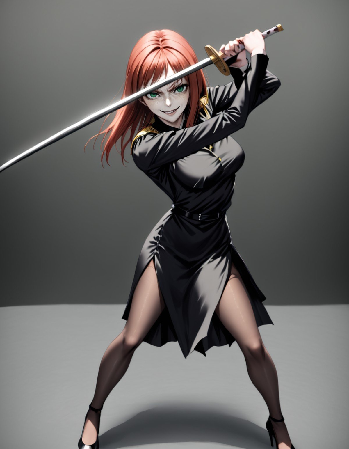 a realistic 20 year old anime kmw top model redhead woman, freckles,((high guard sword parry stance)),evil engimatic smile,high couture black dress, black pantyhose, high heels,office background,facing viewer,green eyes, <lora:kmw_v53:1> <lora:high-guard-sword-parry-stance:1>