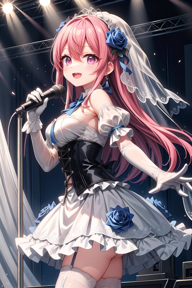 insanely detailed, absurdres, ultra-highres, ultra-detailed, best quality,1girl, solo, nice hands, perfect handsBREAK(nsfw:-1.5),(fusion of white mourning-dress and white wedding dress:1.2), (gothic dress:1.3), (light-blue and white theme:1.3), ((white mourning-veil, white see-through wedding-veil):1.5), ((white latex corset, light-blue breast-cup):1.4), (short puff-sleeve:1.3), ((white collar, tie-bow):1.3), ((ruffle-skirt, multilayer-skirt):1.4), ((stockings, garter belt):1.3), (see-through long gloves:1.3), (blue rose decoration on head:1.3), (high heels:1.1)BREAKhappy smile, laugh, open mouth, (standing, singing, dancing, holding microphone:1.4)BREAKfrom side,cute pose, cowboy shotBREAKslender, kawaii, perfect symmetrical face, ultra cute girl, ultra cute face, ultra detailed eyes, ultra detailed hair, ultra cute, ultra beautifulBREAKindoors, concert hall, idol live, crowded audienceBREAKmedium large breastsBREAKpink hair, pink eyes, chignon, hair between eyes