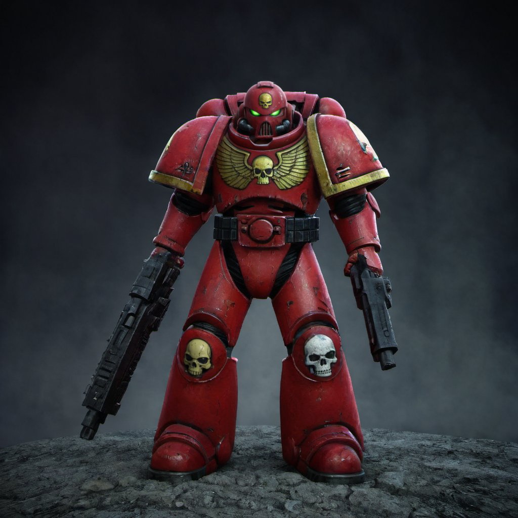 a red spacemarine robot, post apocalyptic war background, skulls, death <lora:SpaceMarine1024:0.7>