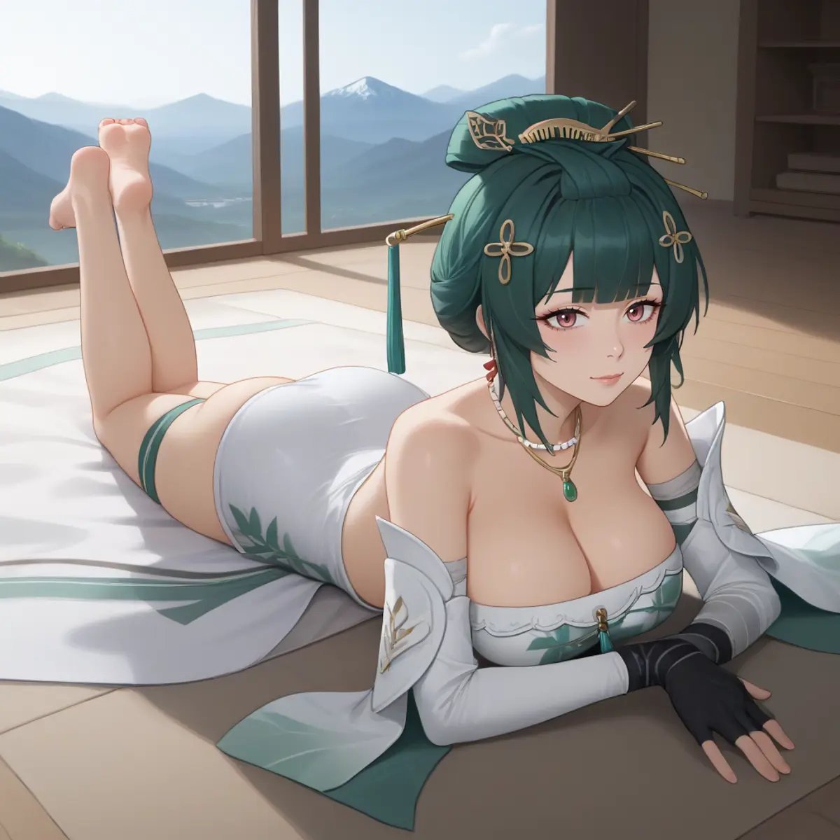 1girl, solo, Hanying, green hair, single hair bun, hair stick, hair ornament, necklace, strapless dress, white dress, cleavage, detached sleeves, fingerless gloves, lying, on stomach , full body, thigh strap, skindentation, indoors, teahouse, window, mountains <lora:SDXL_Hyper:1> <lora:STFD_P:1> <lora:hanying-pdxl-nvwls-v1:1>