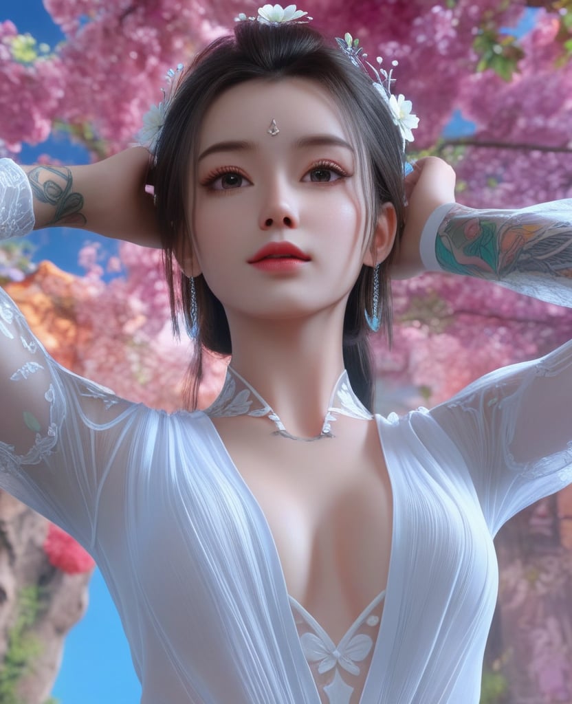 <lora:612-DA-XL-少年白马醉春风-玥瑶:0.8>(,1girl, ,best quality, ),looking at viewer,  ,,ultra detailed background,ultra detailed background,ultra realistic 8k cg,, ,masterpiece, (( , )),ultra realistic 8k cgSurrounded by strange, movie perspective, advertising style, Colorful background, splash of color A beautiful woman with delicate facial features,tattoo all over body, flower arms, from below,