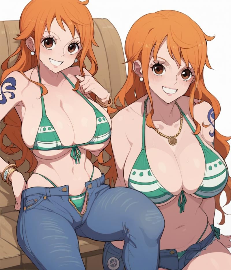 score_9. score_8_up. score_7_up, <lora:kakure:1>,,1girl,nami (one piece),bikini,breasts,swimsuit,jeans,denim,pants,orange hair,huge breasts,long hair,open fly,smile,navel,jewelry,looking at viewer,white background,bracelet,simple background,bikini top only,unzipped,brown eyes,cleavage,tattoo