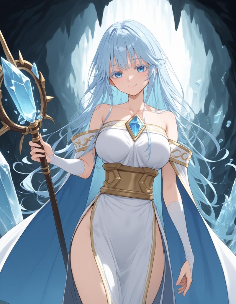 score_9, score_8_up, score_7_up, score_6_up, score_5_up, score_4_upBREAKelfaria_olis, 1girl, solo, light blue hair, long hair, colored eyelashes, blue eyes, chest jewel, off-shoulder dress, yellow sash, side cape, bridal gauntlets, pelvic curtain, cowboy shot, looking at viewer, smile, closed mouth, cryokinesis, casting spell, mage staff, holding staffBREAKice, ice crystal, ice shard, ice flower, aura, magic, cave, dark<lora:elfaria_Wistoria_ponyxl_v1_char:1>